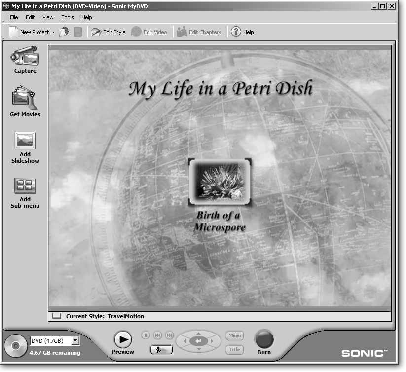 Video DVD creation programs like Roxio’s MyDVD walk you through the process of copying your camcorder movies from your hard drive to a DVD so that you can watch them on a regular DVD player. You can create the opening menu that appears when you insert the DVD into a DVD player. You can also add background music, submenus, and buttons to the menu for jumping quickly to different sections of your video.