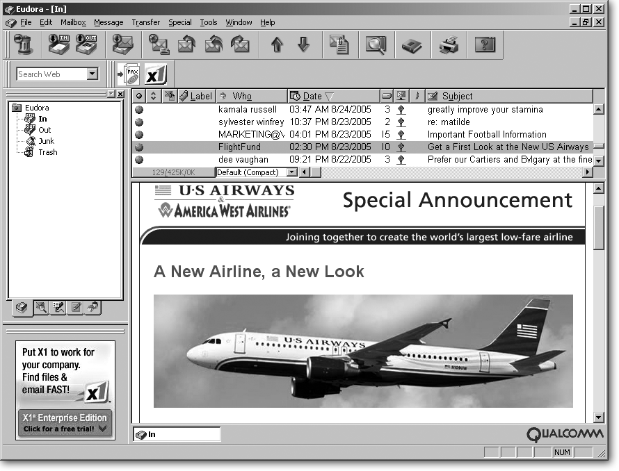 Eudora looks very similar to Outlook Express, with a row of toolbar buttons along the top and a row of folders along its left edge that contain your mail. Eudora’s “adsupported” version, shown here, contains most of the features of the paid version, but continually displays an ad in its lower-left corner.