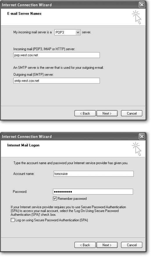 These two windows are where you inform Outlook Express of key email account settings.Top: Leave the top drop-down menu set to POP3 unless you know that your ISP uses the IMAP mail-server system (see the box on Section 12.1.4 for more details). Then carefully enter the names of the incoming mail server and outgoing mail server as provided to you by your ISP. A single typo will keep your program from fetching your email.Bottom: Enter your account name and password here. Be sure to turn on the “Remember password” checkbox. If it’s turned off, Outlook Express asks for your password every time it checks for waiting mail—a good thing if you’re extremely security conscious, but a needless hassle otherwise.
