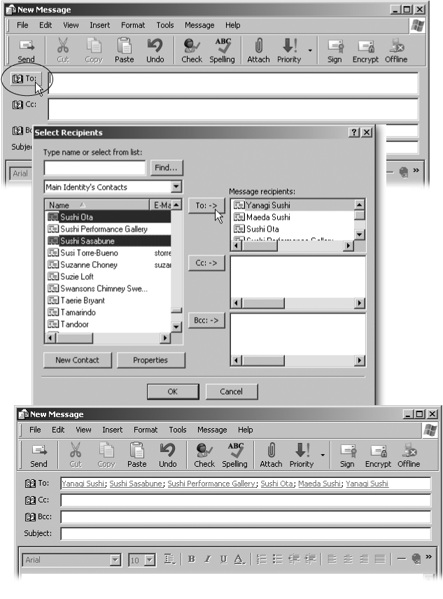 Top: To send a message to one person or several people simultaneously, click the To: button (circled) to open the Address Book.Middle: When the Address Book opens, hold down Ctrl and click every person who you want to send your message to; the Address Book highlights each name you click. If you click a name by mistake, click it again to “deselect” it. When you’ve selected the recipients, click the To: button.Bottom: The Address Book automatically addresses your email to your chosen recipients.