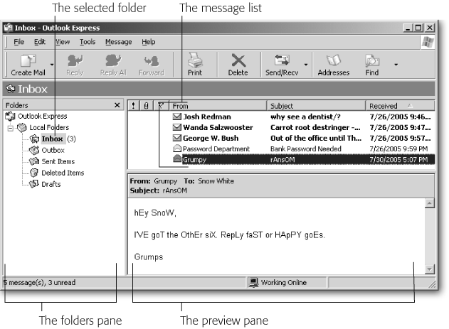 Outlook Express displays your messages in three sections. To see what’s inside any folder listed in the left-hand pane, click the folder’s name; the names of the messages in that folder appear in the top half of the two adjacent panes. Click the message you want to view, and its contents appear in the bottom pane. Once you read a message, its envelope icon indicates that it’s been “opened.” Unread mail is marked with an icon of an unopened envelope. Double-click any message, and it leaps to the screen in its own window.