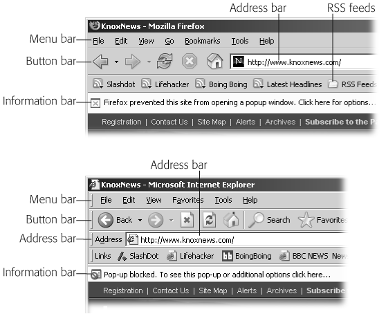 Firefox (top) and Internet Explorer (bottom) both offer similar screen options for navigating the Web, but with slight differences. Firefox refers to Web site shortcuts as Bookmarks; Internet Explorer calls them Favorites. Firefox also combines its buttons bar with its Web address bar (calling the duo a Navigation toolbar), leaving slightly more space for Web page display. The “radar” icons next to the links on Firefox represent RSS feeds (Section 13.5), letting you click the link to read the site’s headlines—without visiting the site itself.
