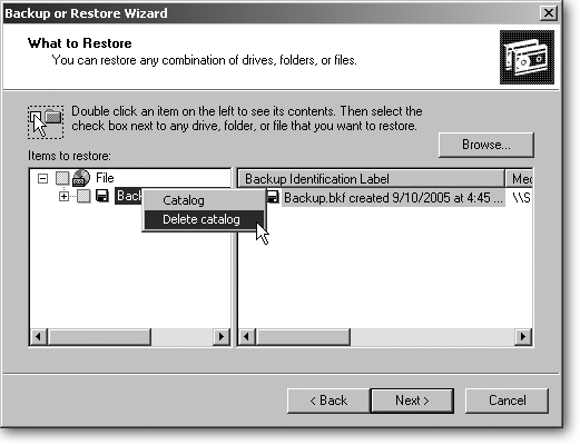 To display a backup file’s contents, the Restore wizard peeks inside the file and creates a catalog—an index—of its contents. Then the wizard displays the catalog in this window: the backup file’s name appears on the window’s left pane, and the backup file’s contents appear on the right. If the window looks confusing, showing too many backup files on the left or the wrong dates on the right, you’re probably seeing an out-of-date catalog. To start with a fresh slate, delete any or all of the listed catalogs. Right-click the index file’s name on the right and then choose Delete Catalog. That scary-sounding option doesn’t delete your backup file, just an outdated index. Then, create an up-to-date index of your current backup file: click Browse, navigate to your backup file, and choose the Backup file you’d like to restore. The Wizard quickly catalogs that file and displays its contents in the window for you to restore.