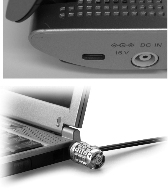 Top: Many laptops, portable hard drives, monitors, projectors, and other expensive gadgets include a Security Slot—a small rectangular hole in the case that’s left more than a few owners wondering what plugs into it.Bottom: The answer comes from Kensington (), which, along with many other companies, sells cables and locks that latch onto the slot, letting you fasten your laptop or other equipment to the nearest desk leg, chair, or other large, solid object. Manufacturers often place a reinforcing strip of metal behind the security slot; ripping the lock out of the slot takes a good chunk of the laptop’s case along with it.