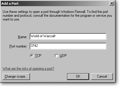 If you’re having trouble with an Internet-connection-hungry program, ask the troubled program’s Customer Support site the port “number” and “type” to open in Windows Firewall. Then click Add Port on the Exception’s tab to fill out this form. In the Name box, type a name so you’ll remember why you’re opening that particular port. In the Port number box, type the port number. Then choose the port’s type, either TCP or UDP. Click OK to finish the job.