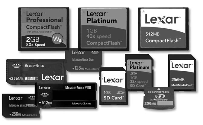Having evolved for nearly 15 years, memory cards now come in a wide variety of shapes and capacities to fit in digital cameras, cell phones, portable MP3 players, memo recorders, and other gadgets.Top: Three CompactFlash cards.Bottom, left: Four Memory Stick and Memory Stick Duo cards.Bottom, right: Two SecureDigital cards, an xD Picture Card, and a MultiMediaCard.