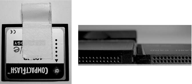 Left: If you have trouble pulling out your CompactFlash card, place a piece of tape over its outside edge. A tug on the tape easily pulls the card out of the slot.Right: Type II CompactFlash cards (left), used for Microdrives and many CompactFlash accessories, are slightly thicker than the more common Type I CompactFlash cards (right). Not all cameras or gadgets can handle the extra thickness of a Type II card.