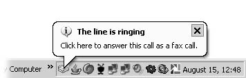 Your fax can share your voice line, if you choose. When the phone rings, Windows displays this message, letting you first answer the phone and decide whether or not to pass the call to the fax machine. If the call turns out to be an incoming fax, just click anywhere in the message balloon, and Windows deploys the fax program to handle things. Another option is to tell the fax program to answer automatically if you haven’t picked up the phone after five rings. That gives you plenty of time to answer the phone, but still lets the fax machine grab calls when you’re not home.