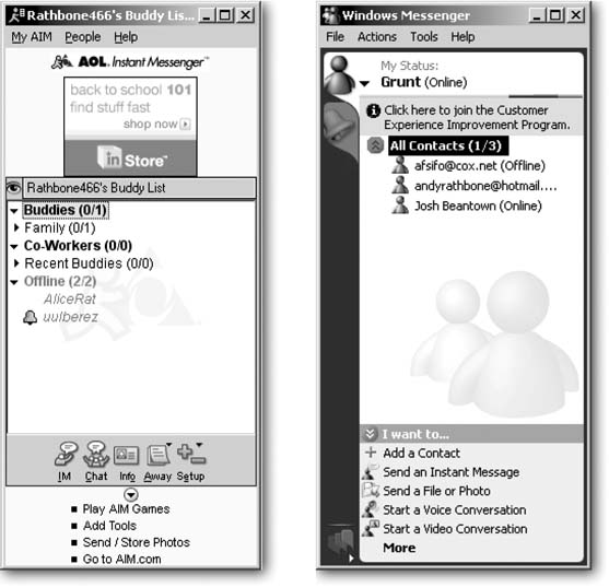 You can’t send instant messages between instant messenger programs made by competing companies like America Online (left) and Microsoft (right), so many people end up with both programs on their desktop. Both work similarly, displaying your list of friends and whether they’re currently online and able to chat.