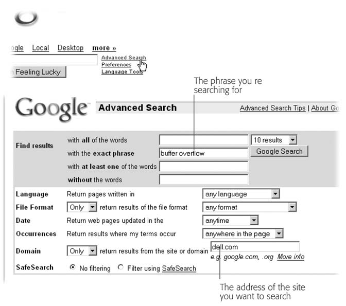 Top: To find a specific word or phrase on a poorly indexed Web site, click Google’s Advanced Search link.Bottom: In the Domain box, enter the site you want Google to search and then pick one of the “Find results” boxes in which to enter your search term. For example, use the “with the exact phrase” box if you’re looking for a specific phrase. To search for a few words, whether they’re right next to each other, or not, type those words in the “with all the words” box, instead.