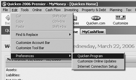 Instead of filling pages with long and hard-to-follow instructions for navigating through nested menus and folders, the arrow notations are concise, but just as informative. For example, choosing “Edit → Preferences → Quicken Program” takes you to the menu shown here.