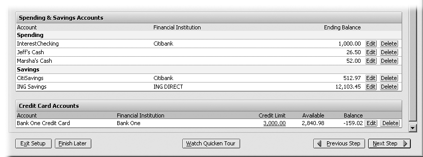 Mistakes are easy to correct in the list of accounts at the bottom of the screen. On the right side of the account row, click Edit to open the Account Details dialog box. Click Delete to remove an account. To change an ever-increasing credit limit, in the Credit Limit column, click the hyperlink showing your current credit limit and, in the dialog box that appears, type the new limit.