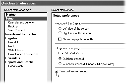 If you can’t stand the beeps, burps, and ka-chings of Quicken sounds, join the crowd and turn off the “Turn on Quicken sounds” checkbox (indicated by cursor).