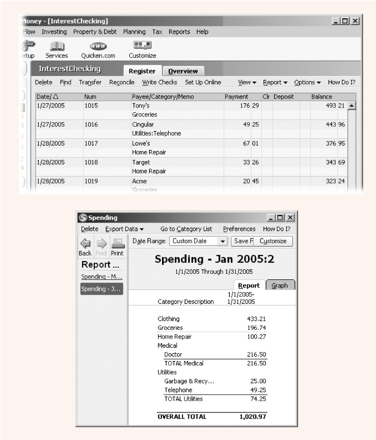 Top: As you can see in the checking account register, the checks that Marsha writes reduce the balance in the Quicken checking account. The assigned categories appear below the Payee’s name.Bottom: Marsha can generate a report (see Chapter 10) that uses the categories they assigned to their checks to see how they spent their money.