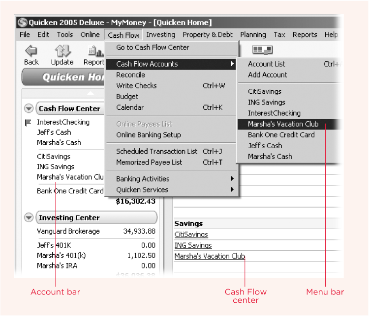 When Quicken creates the new account, you can open its register from several places. Here are just a few: the Account bar, the Menu bar, and the appropriate Quicken Center, such as the Cash Flow center.