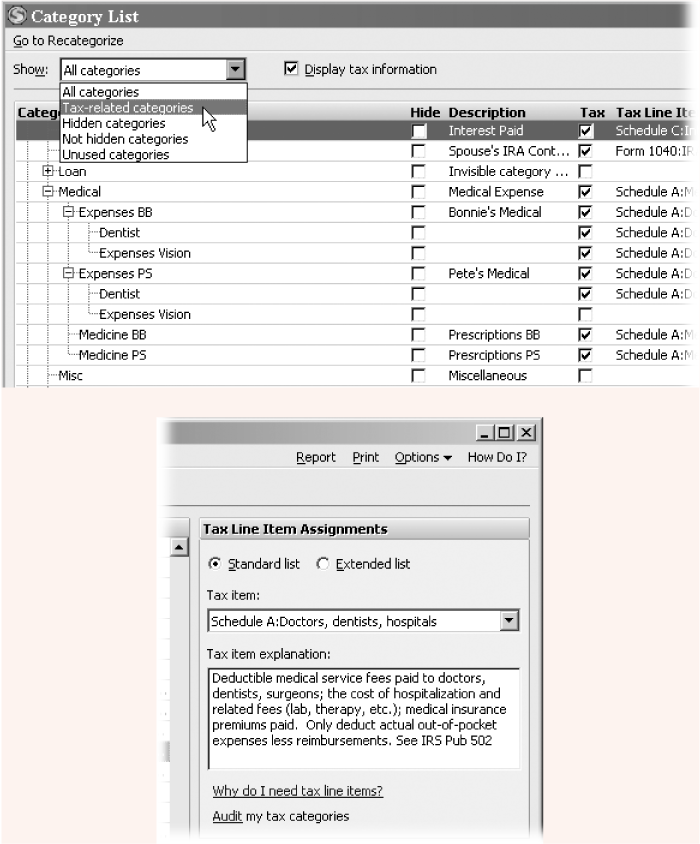 Top: Turning on the “Tax information” checkbox displays tax settings for categories. Quicken shows all categories automatically, but you can filter the list for tax categories by choosing Tax-related categories in the Show drop-down list.Bottom: When you select a category in the Categories List, the Tax Line Item Assignments pane on the right side of the window lets you choose the tax item for the category. Quicken displays an explanation of the tax item you select..