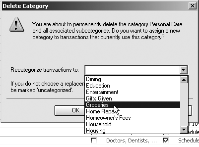 In the “Recategorize transactions to” drop-down menu, choose the existing category to which you want to reassign transactions and then click OK. For every transaction that referred to the old category, Quicken switches the category to the one you selected.