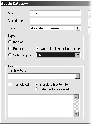 This is the Set Up Category dialog box. In the “Subcategory of” dropdown menu, choose the category that you want as the parent. When you choose a category, Quicken sets the Group field to match that of the parent, and also changes the “Spending is not discretionary” checkbox, based on the parent category’s Group.