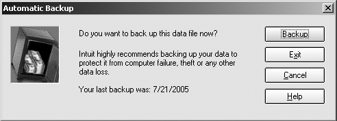 This is the Automatic Backup dialog box that pops up on your screen when you set your preferences to remind you. To follow through on the reminder, click Backup, which opens the Quicken Backup dialog box. If you decide to continue working in Quicken, click Cancel. On the other hand, if you didn’t make many changes to the file, click Exit to close Quicken without backing up the file.