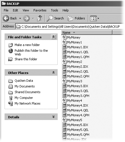 Automatic backup files append a single digit to the prefix of your Quicken data file, such as MyMoney1 and MyMoney2 in the figure. Because each Quicken data file includes several files with different extensions, you see several files with each filename prefix.