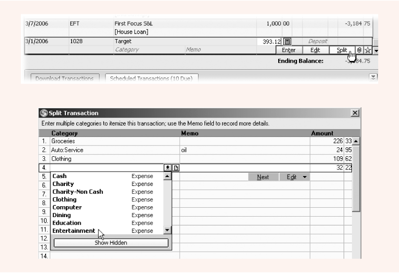 Top: Click Split (indicated by cursor) to open the Split Transaction dialog box. You can also click Split at the bottom of the Category drop-down menu.Bottom: You don’t have to enter the amount for the last split, because Quicken calculates how much of the payment’s still unassigned after each split (in this case, it’s 32.22).