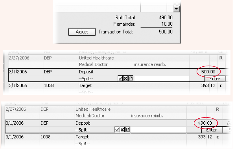 Top: This is the transaction with its original total. To keep the split amounts and adjust the transaction total, click Adjust.Middle: Quicken removes the Remainder value from the transaction total.Bottom: This is the transaction after adjusting its total.