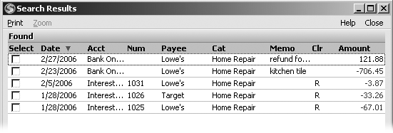 The Search Results window displays either the one matching transaction or all matches. If Quicken found many matches, you can sort the results. For instance, if you want to see transactions from most recent to oldest, in the Search Results dialog box, click the Date heading.