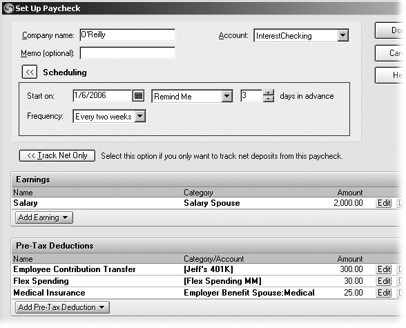 After you set up the frequency of your paycheck, you can click an Add button to include another tax, deduction, or type of earning in your paycheck. To change a value, click the value and type the new number. To change the name or category for an existing entry, click its Edit button.