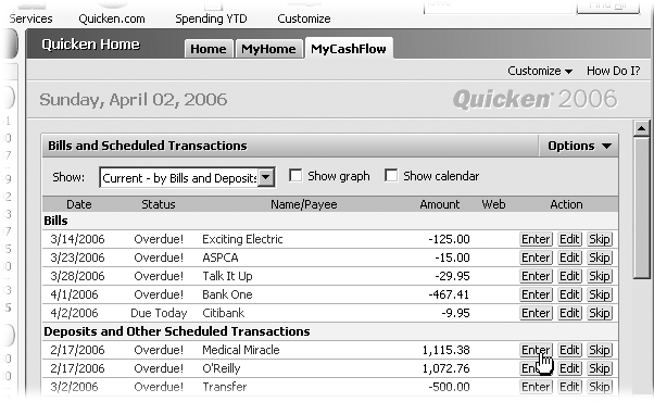 To enter a scheduled transaction, click its Enter button. You’ll get a chance to make any last-minute changes to values before you click Enter to add the paycheck to your account register.