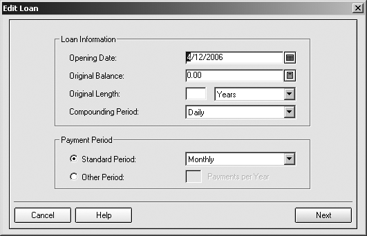 If you create an asset account in Quicken for something you bought with borrowed money, the Quicken Account Setup dialog box sends you to the Edit Loan dialog box to create the loan and liability account. Your loan documents contain the information you need to fill in the text boxes.