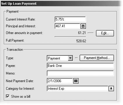 Quicken can calculate your payment for you, if you provide the interest rate for your loan. However, your loan documents include the payment that the lender expects, so you’re better off entering that value in the Principal and Interest field.