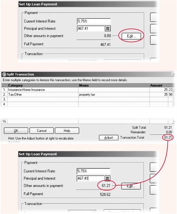 Top: Quicken fills in the payment amount with values from your loan. Click Edit to open the Split Transaction dialog box.Middle: In the Split Transaction dialog box, you can enter each separate addition to your loan payment.Bottom: Quicken adds the total from the Split Transaction dialog box to the loan payment.