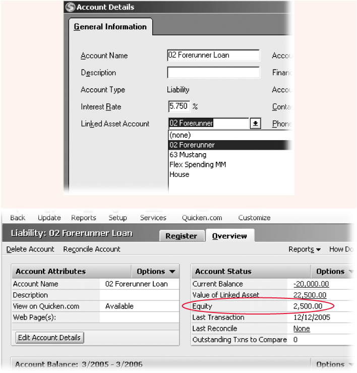 Top: In the Linked Asset Account drop-down menu, choose the asset that the loan helped purchase.Bottom: Once a loan and asset are linked, Quicken calculates the equity in the asset (the current value minus the money owed on it).