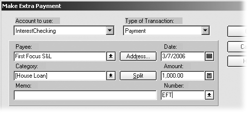 For an extra payment, you have to tell Quicken how much you want to pay and when you want to pay it. In the Category text box, the program automatically chooses the liability account so that the payment pays off loan principal. Change the category if you’re making an extra payment for escrow or some other purpose.