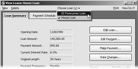 Before you make any changes, choose the loan you want to edit. Click the Edit Loan button to change loan details, like an incorrect balance. To change a payment (to increase the escrow amount, for example), click Edit Payment. For adjustable-rate loans, click Rate Changes to adjust the interest rate.