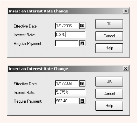 Quicken needs only the effective date and the interest rate (top). The program calculates the new payment (bottom).