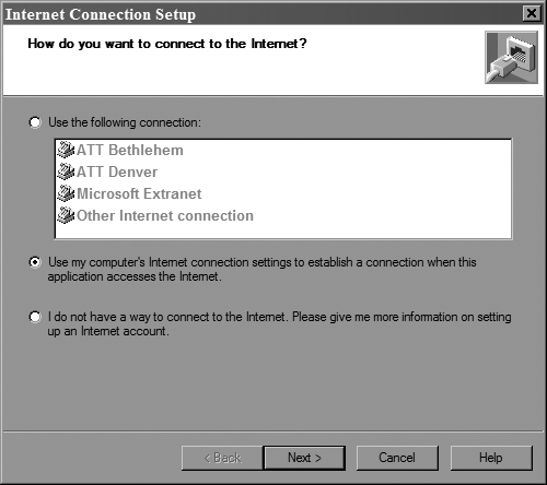 When you first set up Quicken to go online, you tell it which connection you want it to use. If you have several ways to connect, you’ll see them all listed here. (If you don’t have an Internet connection, click Cancel and get your PC online before launching the Internet Connection Setup wizard again.)