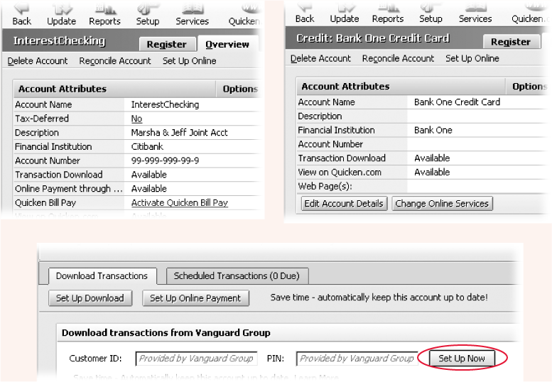 Top Left: Next to the names of services like Transaction Download and Online Payment, the word Available appears if it’s compatible with Quicken. If the box reads Not Available, you can’t use that feature with Quicken.Top right: Savings accounts don’t include an Online Payment through attribute, but you can still pay bills with funds from the credit card account using Quicken’s bill payment service.Bottom: Investment accounts tell you that they handle online services by displaying a Set Up button in the register window.