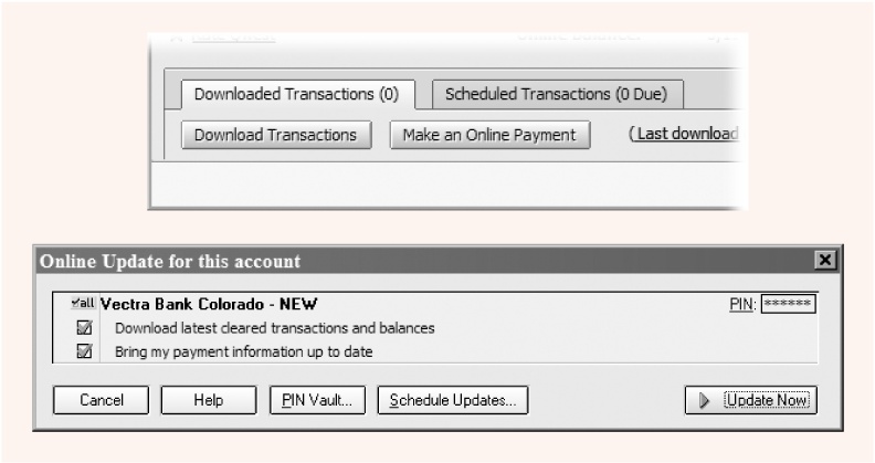 Top: Click Download Transactions to get the transactions that cleared at your bank. If you use online bill payment, you can click Make an Online Payment to pay a bill.Bottom: In the Online Update dialog box, click Update Now to get your transactions.