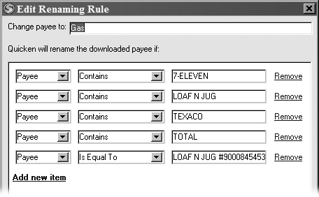 Quicken creates renaming rules that check for exact matches with payee names. Editing renaming rules to use a “Contains” or “Starts With” test makes the rules more useful.