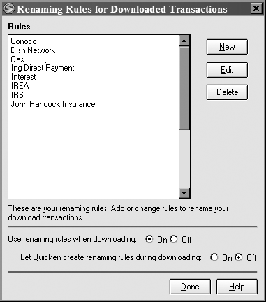 To create a renaming rule from scratch, click New. To edit an existing renaming rule, whether one that Quicken created or your own, select the rule and click Edit. To delete a rule you no longer need, for instance for your old mortgage lender, select the rule, and then click Delete.