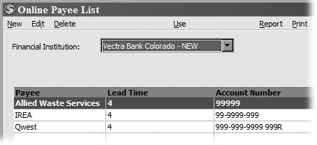 In the Online Payee List window, you can create (New), edit, or delete online payees. If you click Use in the menu bar, you can create a new payment to the selected payee.