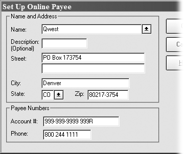 In the Name drop-down menu, you can choose a payee from the Memorized Payee List. Fill in the rest of the boxes with the payee’s address, telephone number, and your account number.