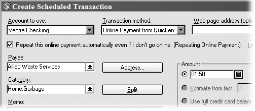 Repeating online payments have two settings that differentiate them from scheduled transactions. In the transaction method drop-down menu, choose Online Payment from Quicken. You must turn on the “Repeat this online payment automatically” checkbox.