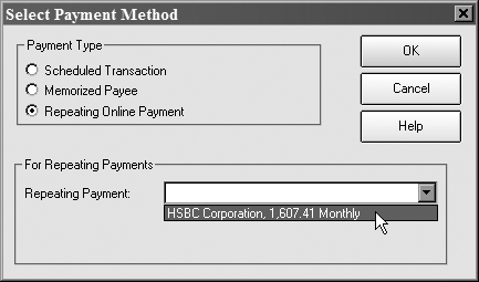 When you select the Repeating Online Payment option, Quicken displays the repeating online payments you’ve set up. Choose the one you created for your loan, and then click OK.