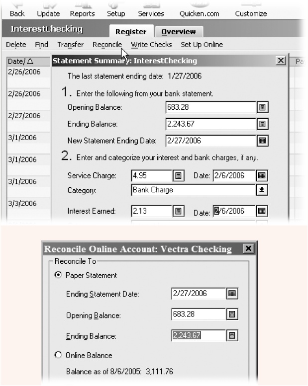 Top: Accounts without online access ask for service charges and interest. Bottom: You can reconcile accounts set up to use online access to your paper statement or to the online balance every time you download transactions.