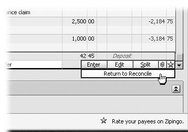 You can make changes and corrections to transactions in the register during the reconciliation process. When you’re ready, click “Return to Reconcile” (indicated here by the pointing hand).