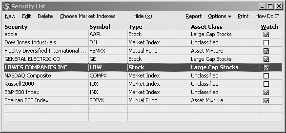 In the Security List window, you can add (New), edit, delete, and hide securities. To open the Security Detail View for a security, double-click its name in the list. The last column in the Security List window indicates whether the security is on your Watch list, as discussed in the box on Section 9.4.2.