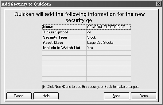 Quicken automatically fills in the security information, so your only job is to click Done.