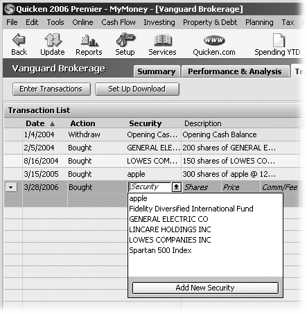 In the investment register, you can choose the type of transaction and the security from drop-down menus. The rest of the fields change based on the transaction you’re recording.